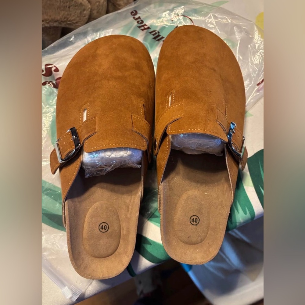 Suede Buckle Mules in Tan